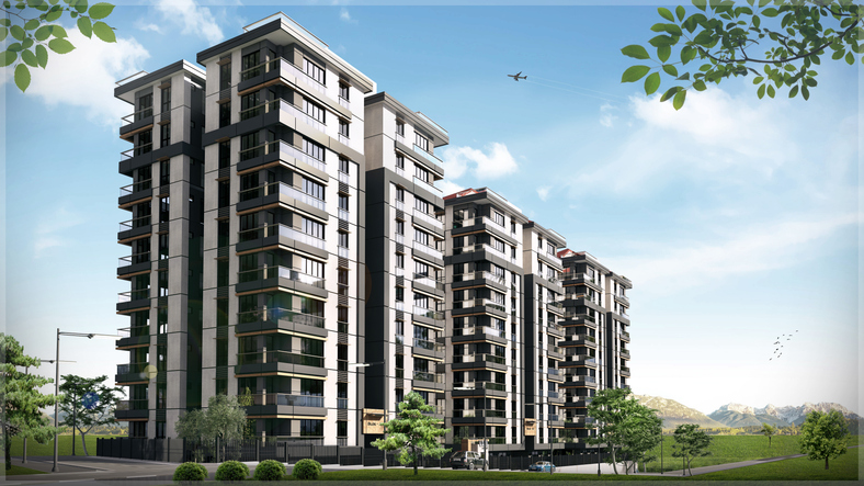 High-rise apartment towers of the kind held in a REIT portfolio